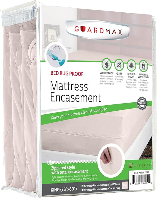 Guardmax King Mattress Encasement with Zipper, Waterproof, Bed Bug Proof, and Dust Mite Proof Mattress Protector for King Size Bed up to 12" Deep, Zippered All Around Jersey Knitted Mattress Cover