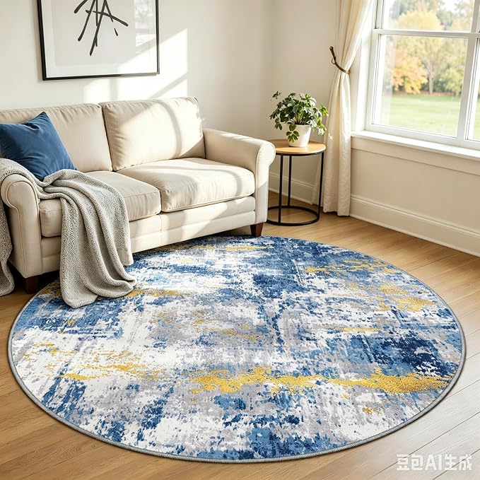 RELEANY Washable Round 6ft Area Rug for Living Room Blue Gold | Carpet for Bedroom, Kitchen, Office, Hallway and Entryway, Printed Pattern, Non‑Slip, Soft, Stain‑Resistant, Easy to Clean