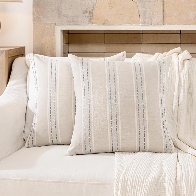 Hckot Stripe Throw Pillow Covers 26x26 Large Square Dusty Blue Pillow Cover | Farmhouse Decorative Pillows Textured Linen Euro Sham Cushion Covers for Sofa Couch Bed Living Room Decor