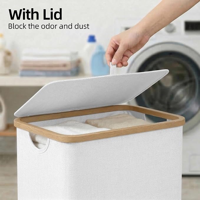 efluky Slim Laundry Basket with Lid, Narrow Laundry Hamper with Removable Bag, Skinny Dirty Clothes Basket with Bamboo Handles for Bathroom, Bedroom & Laundry Room, 75L White