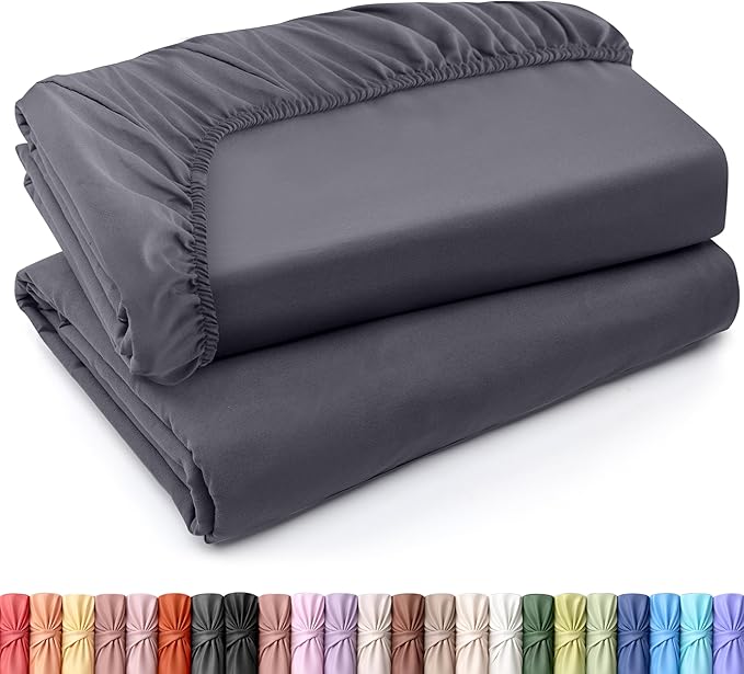 Pack of 2 Twin Fitted Sheet, Fits Up to 16 Inch Deep Pocket, Grey | Hotel Comfort, Cooling & Breathable Cotton like Polyester, Easy Fit, Wrinkle & Fade Resistant, Snug Fit, Easy Care, Oeko-Tex