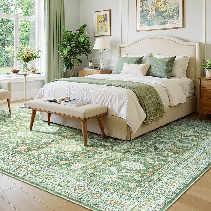 Area Rugs 8 x 10 for Living Room,Large Washable Carpet Light Green | Durable Stain Resistant,Kid Pet Friendly,Compatible with All Vacuums,0.25inch Low Pile for Bedroom Dining Room Home Office