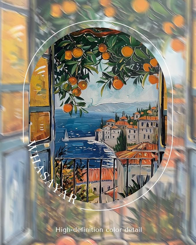 Coastal Framed Canvas Wall Art 12x16 Ocean View with Coffee and Orange Tree, Mediterranean Summer Balcony Window Landscape Artwork Seascape Painting, Beach House Living Room Bedroom Décor