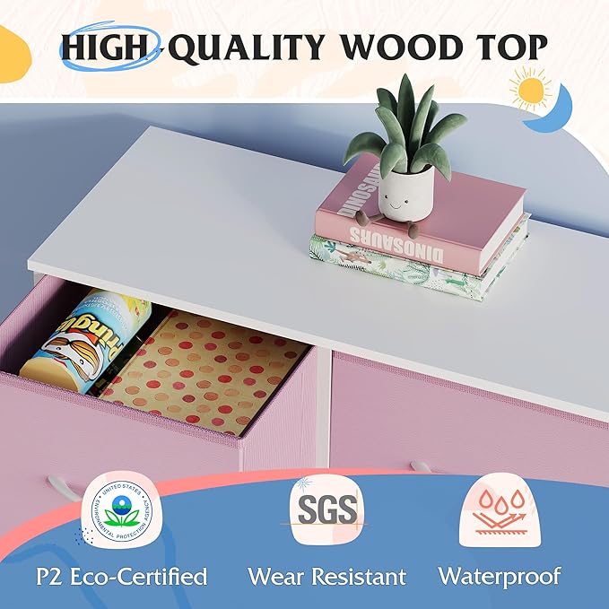 WLIVE Dresser for Bedroom, 7 Drawers, TV Stand, A-Pink | 7 roomy fabric drawers, Fits TVs up to 45 inch, Bedroom or living room, Wide storage design, Chest of drawers