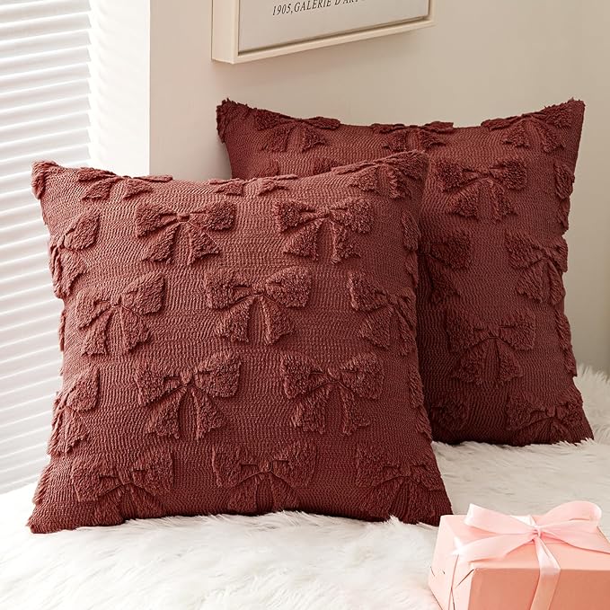 MIULEE Burgundy Bow Pillow Covers Coquette Room Decor 18x18 | Aesthetic Decorative Cute Girl,Set of 2 Cushion Covers,Soft Plush Faux Pillowcases,Preppy Room Decor Bedroom Couch