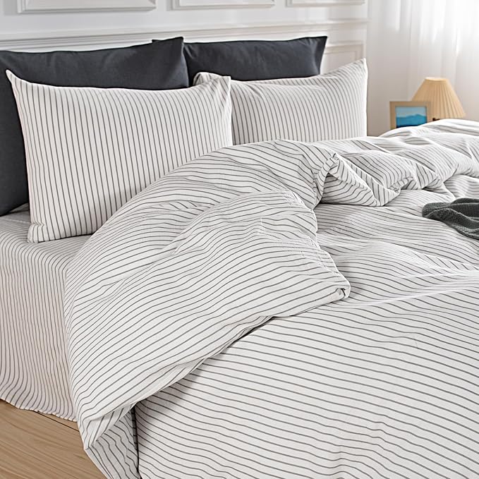 NEXHOME PRO Striped Duvet Cover Full Size,100% Washed Cotton Bedding Set,Textured Linen Feel,Breathable,Organic,3 Piece(Grey Stripes 80x90)