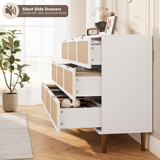 GarveeHome Rattan 9 Drawer Dressers for Bedroom, Deep Drawer, White | Tall Dresser, Wide Top, for Living Room, Hallway, Kids Room, Large Chest of Drawers for Closet, Long Wooden Dresser