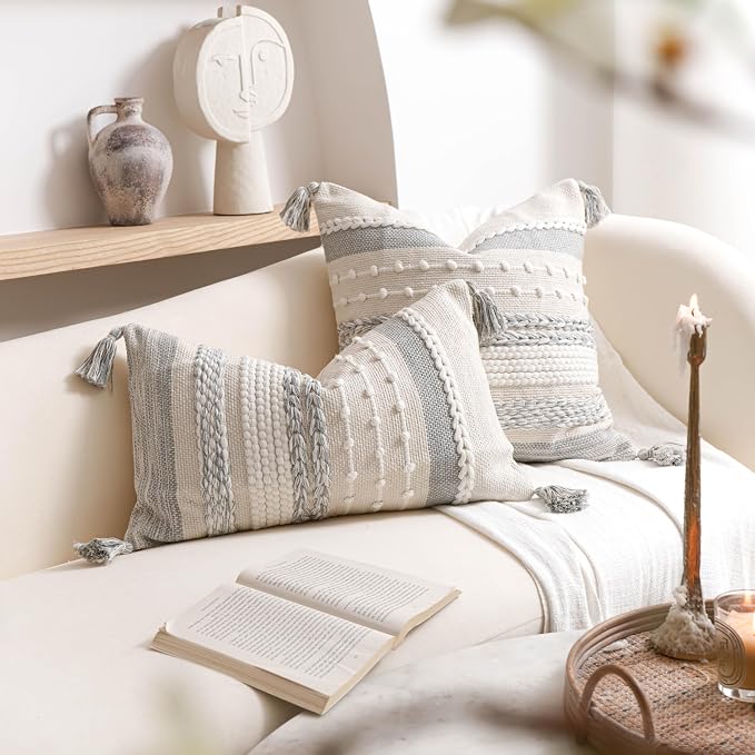 Gray Boho Decorative Throw Pillow Cover 18x18 Square Farmhouse Accent Cushion for Couch Sofa Livingroom Bedroom Pillowcase Modern Home Décor (Pack of 1)