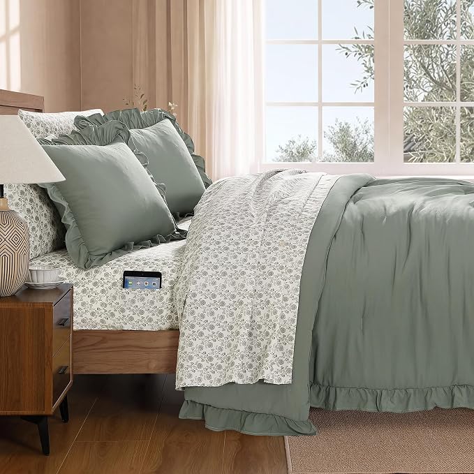 Queen Comforter Set-7 Pieces Ruffle Bedding with Floral Sheet | Green Floral Bed in a Bag, Soft Lightweight All Season Farmhouse Queen Bedding Sets with Floral Sheets, Pillowcases & Shams