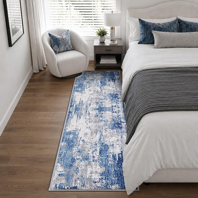 RELEANY Washable Runner 2'x8' Abstract Area Rug for Hallway Blue Gray | Carpet for Kitchen, Entryway, Bathroom, Living Room, Bedroom, Printed Pattern, Non‑Slip, Soft, Stain‑Resistant, Easy to Clean
