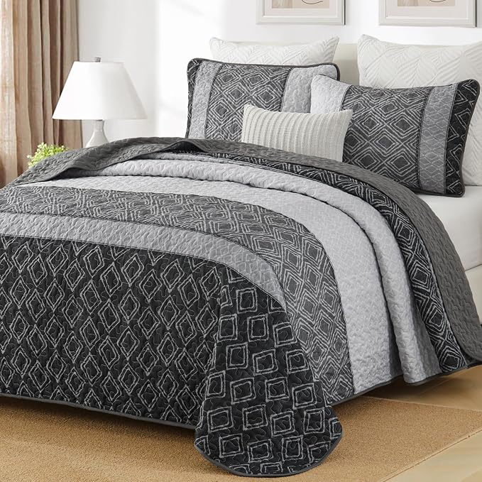 Cottolester Black White Quilt Set King,3 Pcs Boho Grey Striped Bedspread | Ultra Soft Summer Lightweight Coverlets Set for Men Women,Microfiber Patchwork Quilt Bedding Set for All Seasons 110"x90"