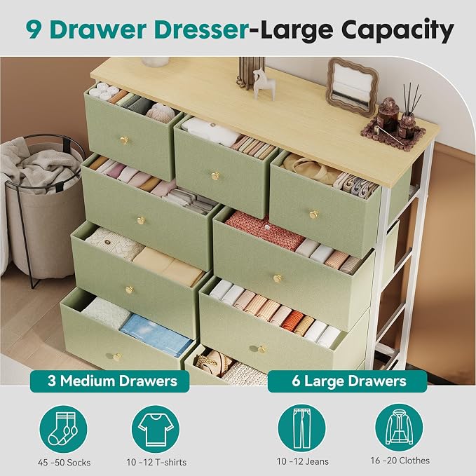 DUMOS 9 Drawer Dresser for Bedroom, Storage Organizer Chest of Drawers | Fabric Bins Storage Tower with Sturdy Metal Frame, Wood Tabletop for Closet, Light Green