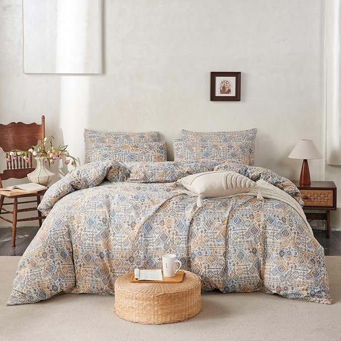 King Comforter Set Boho Soft 3 Pieces Chic Retro Boho Print Bohemian Comforter for All Seasons Luxury Warmth Comfy Breathable with 2 Pillowcases