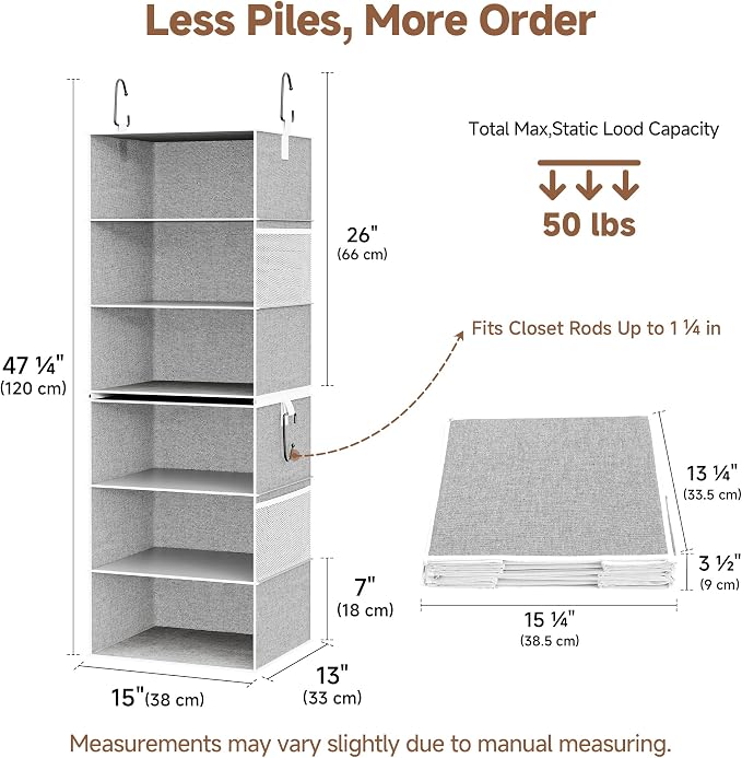 StorageWorks Hanging Closet Organizer, 6-Shelf with 2-in-1 Design, Ivory | Maximize Closet Space with Reinforced Shelves, Small Closet Storage Solution for Bedrooms, Dorms and RVs, Jumbo
