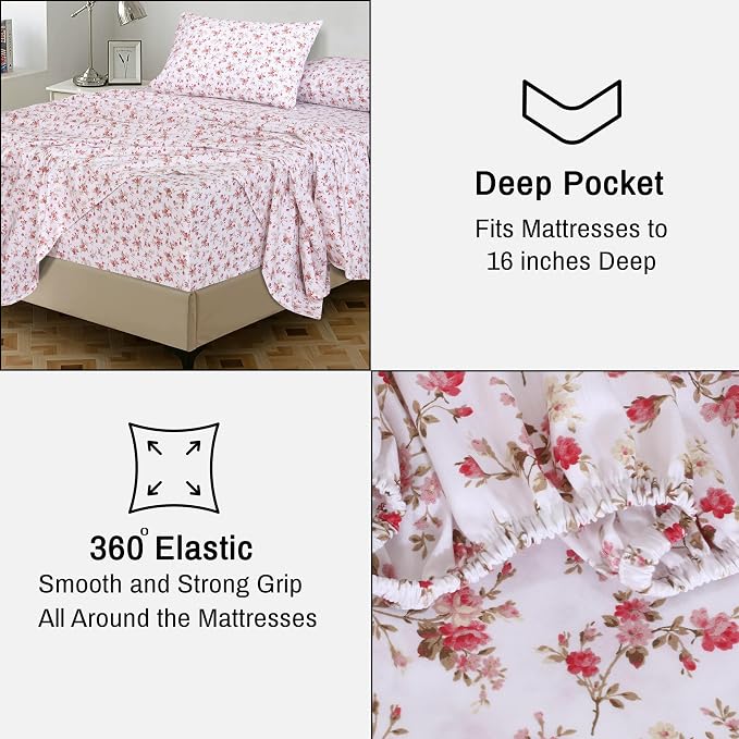 RUVANTI 100% Cotton Percale Sheets King Size, Bouquet | Crisp Cooling, Deep Pocket 16", Soft Breathable & Durable, Hotel-Style, 4 Piece Set