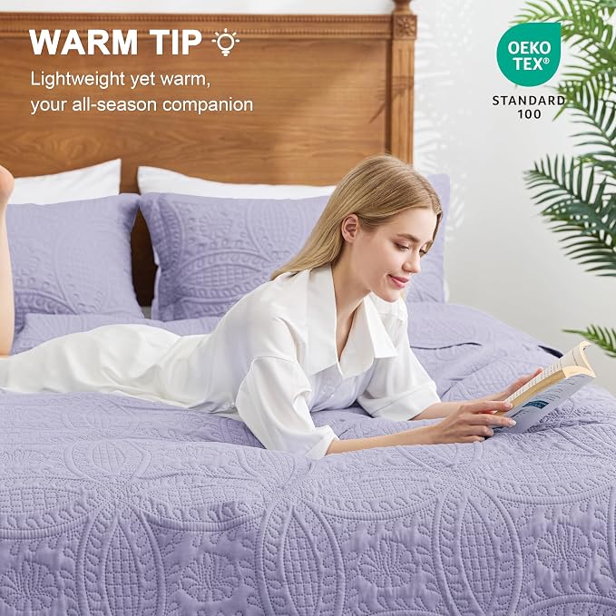 Love's cabin King Size Quilt Bedding Set Lavender Bedspreads - Bed Lightweight Bedspread Comforter - Coin Pattern Bedding Coverlet for All Season - 3 Pieces (1 Quilt, 2 Pillow Shams)