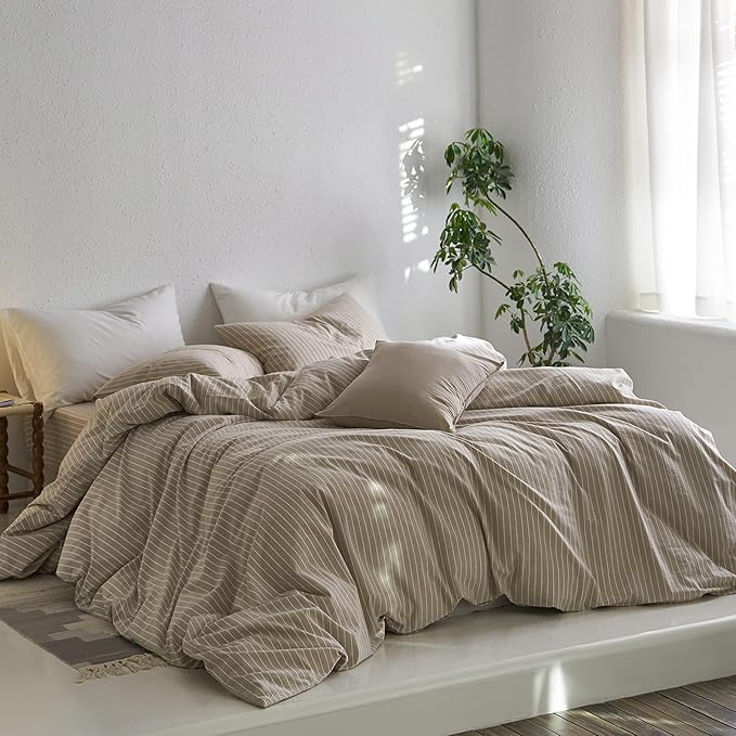 MooMee Striped Duvet Cover Set 100% Washed Cotton Linen Like | Relaxed Linen-like Texture. Soft, Breathable & Long-lasting Comfort. Lightweight. Hidden Zipper with 8 Interior Corner Ties