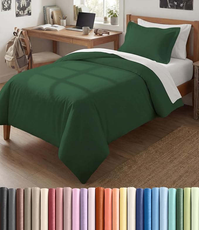 Duvet Cover Twin/Twin XL - 2 Piece with Zipper Closure - Emerald Green | Extra Soft, Breathable, Twin/Twin XL Duvet Cover 68" x 90" w/ 1 Pillow Sham, Zipper Closures & Ties, Women, Men, Kids & Teens