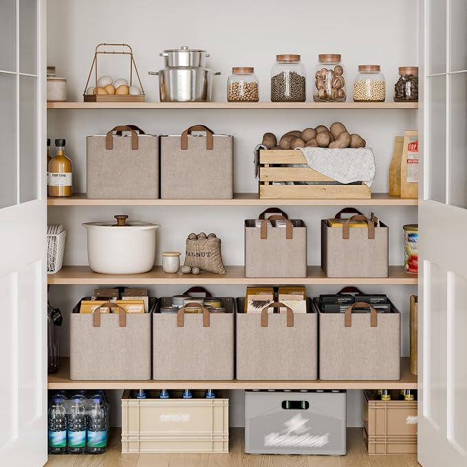StorageWorks Storage Bins, Storage Baskets, Brown and Beige, 2-Pack | With Reinforced PU Handles, Metal Frame, Collapsible, Storage Basket for Shelves, Closet, Holds Clothes, Towels, Blankets