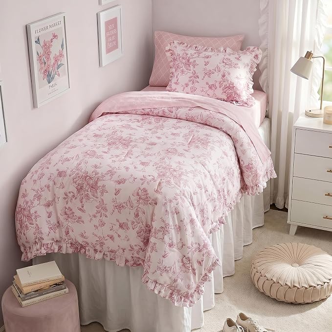 Madison Park Essentials Pink Floral Comforter Set with Sheets Twin XL,5pc | Reversible, Elegant College Dorm Bedding, Ruffle Bed in a Bag, All Season, Machine Washable, Wrinkle Resistant, Ultra Soft