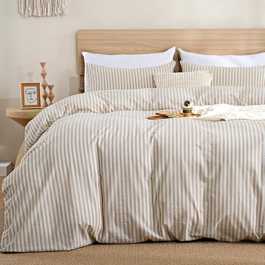 TOCOMOA Brown Striped Duvet Cover Set 100% Washed Cotton Like Linen, Queen | Linen-Like Feel Soft, Breathable & Comfy for All Season. Lightweight Bedding Set with Zipper & 8 Ties. 3 Pcs, No Insert