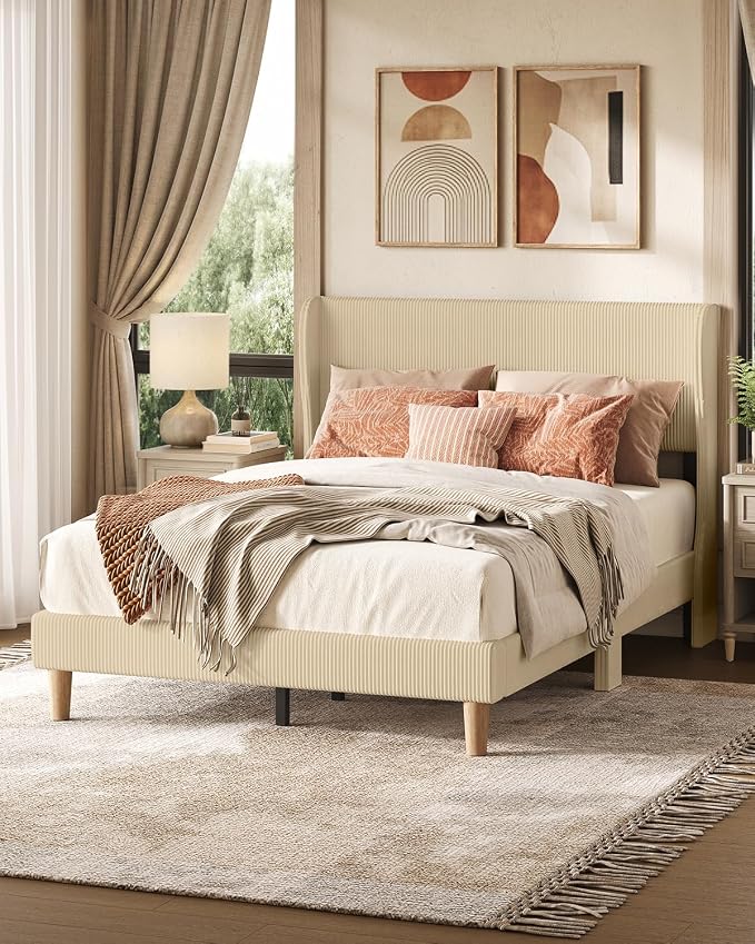 Bestier Full Bed Frame with Wingback Headboard,Upholstered,Taupe | Wooden Slats Support,Easy Assembly,Wingback Headboard,No Squeaks,Vertical Channel Corduroy Upholstered,No Box Spring Needed
