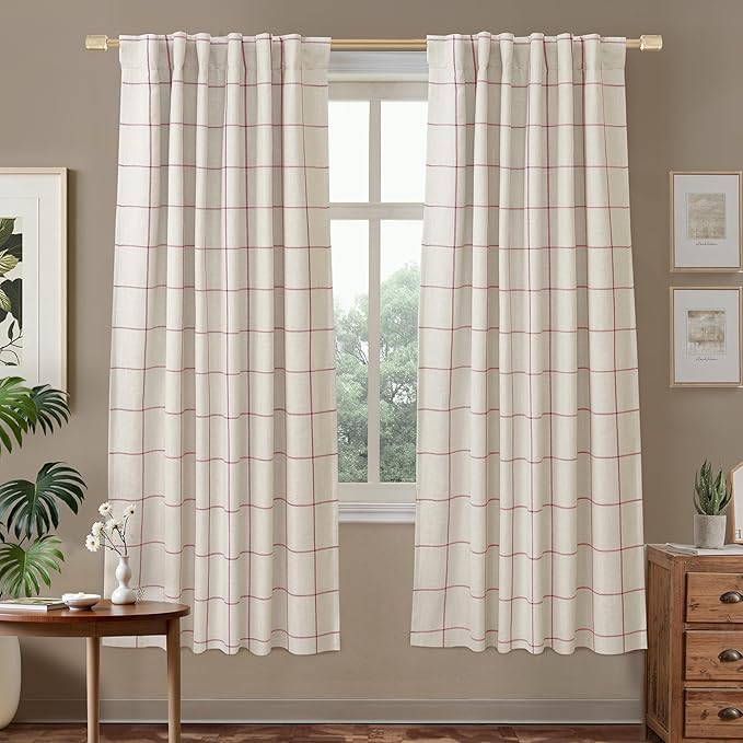 DriftAway 100% Blackout Plaid Linen Curtains 72 Inches Long 2 Panels Red | 100% Blackout, Linen Texture, Plaid Pattern, Two Layers, Rod Pocket & Back Tab, Bedroom Living Room Use, Luxury Appearance
