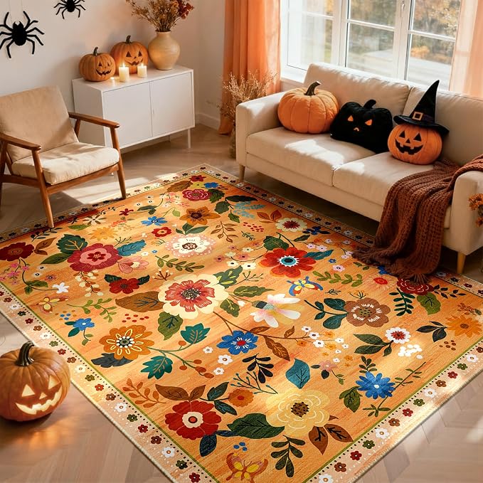RELEANY Floral Washable 3x5 Area Rugs Orange/Yellow/Red | Flower Carpet, Print, Boho, Non-Slip, Easy to Clean, Soft, Low Pile for Living Room Bedroom Kitchen Office Entryway Hallway