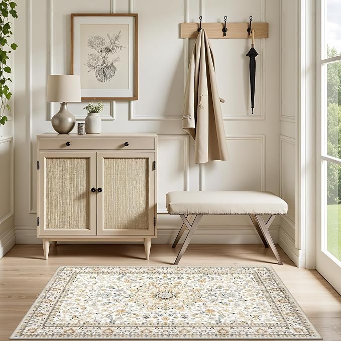 2x3 Area Rugs Living Room: Washable Vintage Rug for Bedroom Beige | Boho No Slip Stain Resistant Rug Soft Indoor Decor Floor Floral 2x3 Area Rugs for Dining Room, Nursery, Hallway, Home Office