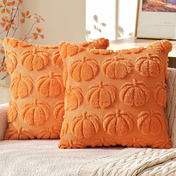 MIULEE Fall Pillow Covers Pumpkin Fall Decor 16x16 Orange | Set of 2 Fall Decorations for Home, Plush Faux Fur Farmhouse Accent Pillowcases, Porch Sofa Couch Cushion Bed Livingroom