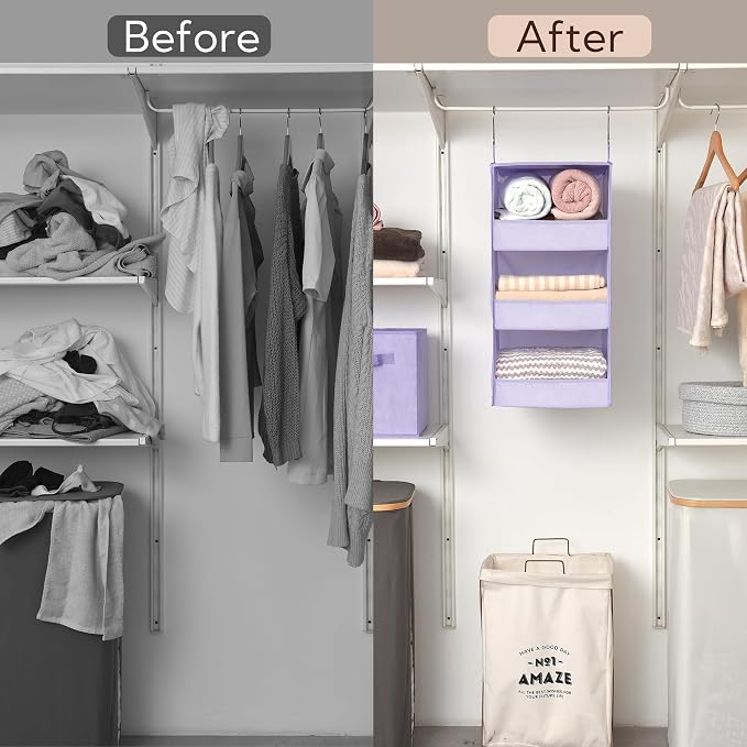 GRANNY SAYS 3-Shelf Hanging Closet Organizer, Foldable Storage, Purple | 33 lb Capacity, No-Sag Support, Keeps Clothes Neat, Folds Flat, Fits RV, Dorm & Small Closets, 2 Pack