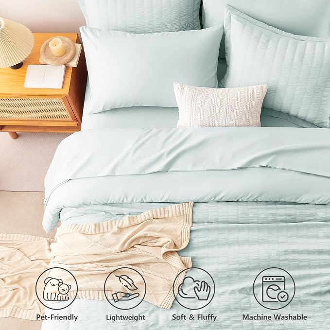King Size Comforter Set, 7 Pieces Ice Blue Seersucker Bed in a Bag | OEKO-TEX Certified, All Season Bedding Set with 240 GSM Down Alternative Comforter, Flat & Fitted Sheets, Pillowcases & Shams