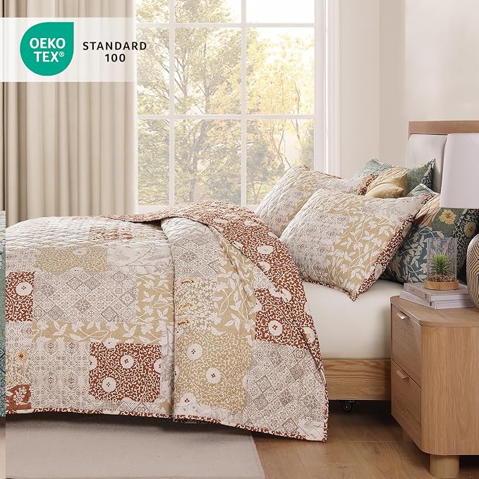 Quilts Queen Size-3 Pieces Soft Queen Bedspread Floral Patchwork Quilt | Lightweight Terracotta Quilt, Reversible Vintage Floral Bedding Set, All Seasons Bed Coverlet with 2 Pillow Shams, 90"x94"