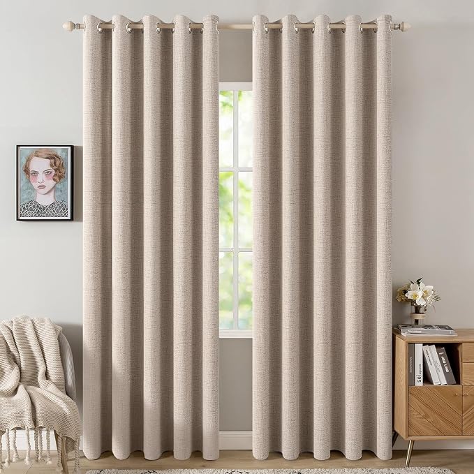 MIULEE 100% Blackout Linen Curtains for Bedroom 62x84 Inches Natural Beige | Room Darkening, Light Blocking, Thermal Insulated, Grommet Top, Linen Textured, Window Curtains for Living Room, 2 Panels