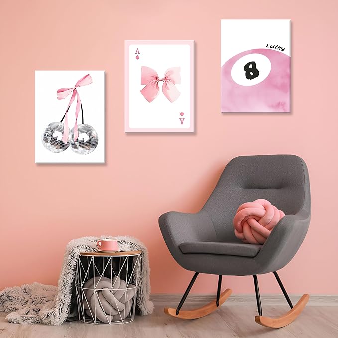 Framed Pink Canvas Wall Decor Set of 3, Pink Bow Wall Art Oil Painting, Girls Preppy Room Decor Picture, Trendy Disco Ball Print Poster for Teen Girl Apartment Bedroom Living Room Aesthetic 16x24 Inch