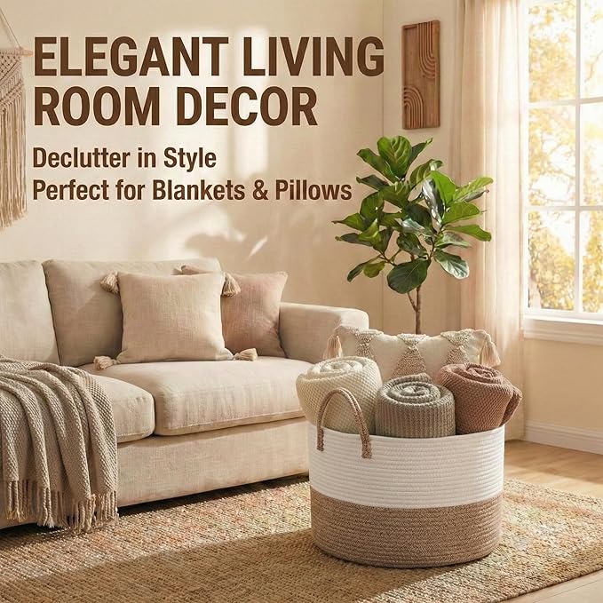 JMvicyroam 65L Extra Large Machine Washable Cotton Rope Blanket Basket | Collapsible laundry hamper, Reinforced handles, For blankets, pillows, toys and clothes, Living room and bedroom, White&Brown