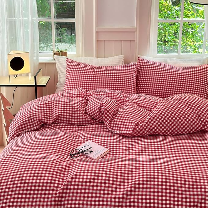 LifeTB Red Gingham Comforter Set King Modern Style Boho Plaid Comforter Set 3 Pieces Soft Fluffy Grid Checkered Pattern Comforter with 2 Pillowcases Farmhouse Gingham Plaid Bedding Set Breathable