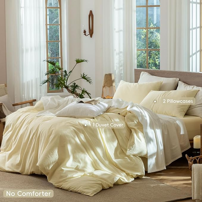 MooMee Striped Duvet Cover Set 100% Washed Cotton Linen Like King | Relaxed Linen-like Texture. Soft, Breathable & Long-lasting Comfort. Lightweight. Hidden Zipper with 8 Interior Corner Ties