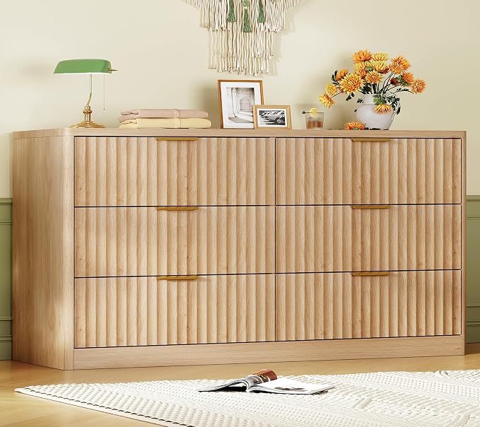 Fluted 6 Drawer Dresser for Bedroom, Wide Modern Chest of Drawers with Metal Handle, Curved Profile Design, Wood Closet Clothes Storage Organizer for Bedroom, Hallway, Natural