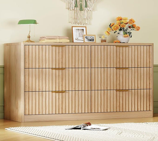 Fluted 6 Drawer Dresser for Bedroom, Wide Modern Chest of Drawers with Metal Handle, Curved Profile Design, Wood Closet Clothes Storage Organizer for Bedroom, Hallway, Natural