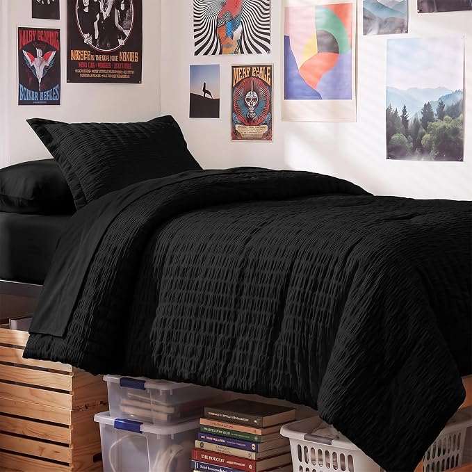 Twin Comforter Set, 5 Pieces Black Seersucker Bed in a Bag | OEKO-TEX Certified, All Season Bedding Sets with 240 GSM Down Alternative Comforter, Flat & Fitted Sheets, Pillowcase & Sham