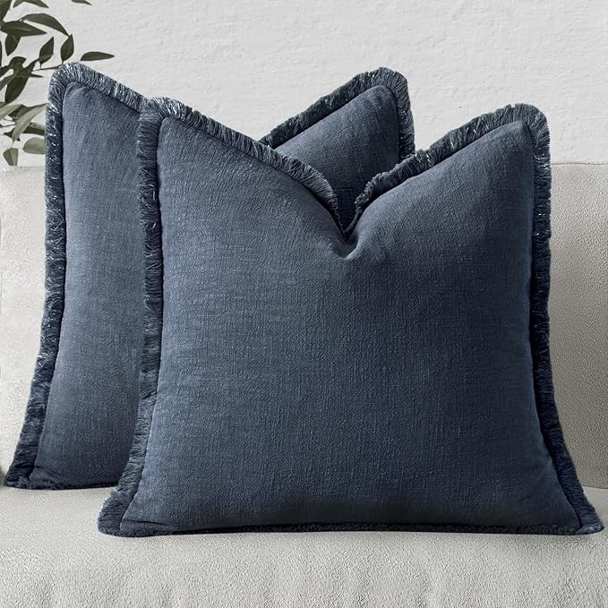 MIULEE Linen Fringe Decorative Euro Throw Pillow Covers Indigo Blue 26x26 | Set of 2, Cottagecore Decor, Boho Farmhouse Coastal Pillow Covers, Rustic Couch Cushion Cases for Sofa Bed Living Room