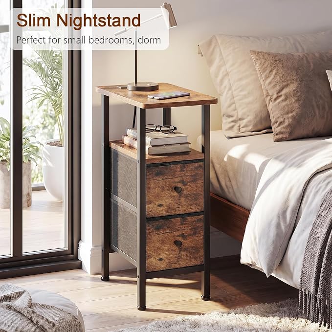 LOAKEKEL Narrow End Table with Charging Station, Small Nightstand | Skinny Side Tables Living Room with 2 Fabric Drawers, Slim Bedside Table for Bedroom, Small Spaces, Couch, Brown