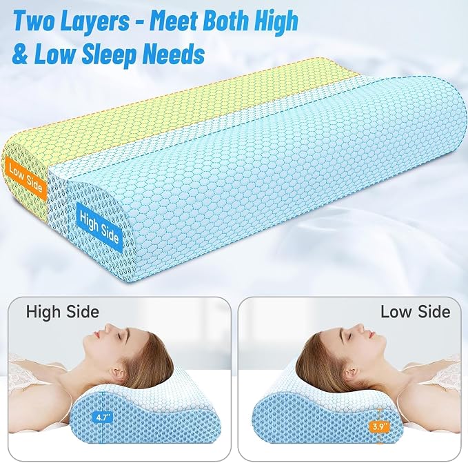 Neck Pillow for Sleeping, Ergonomic Cervical Bed Pillow, Blue Queen Size | Memory Foam Bed Pillow for Side Back Stomach Sleepers, Contour Fit Neck Pillow for Sleeping and Neck Pain Relief