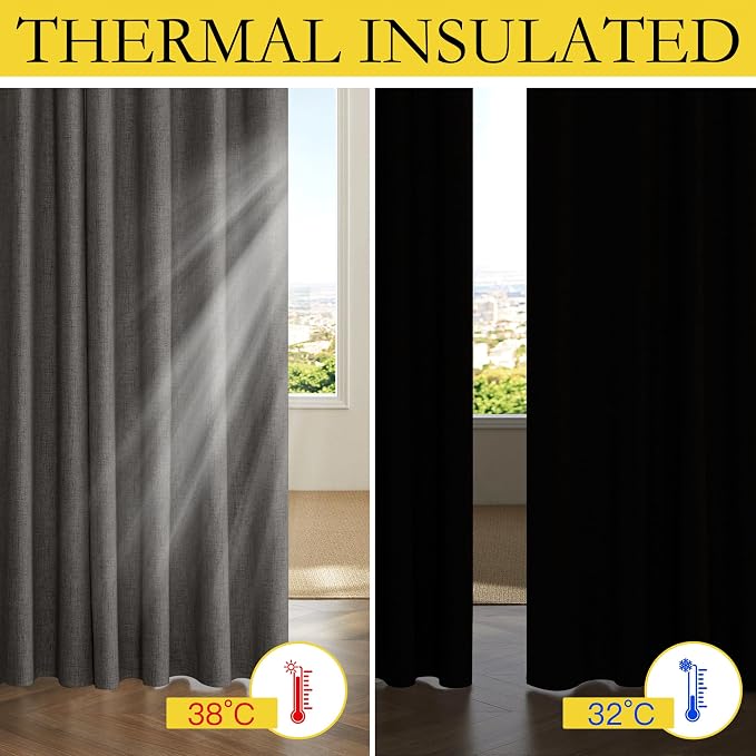 NICETOWN 100% Blackout Linen Curtains 84 inch Long 2 Panels, Grizzle Gray | Back Tab Cozy Bedroom Curtains for Daytime Sleep, Noise Reducing, Privacy Protection, Energy Saving, W52" x L84" per Panel