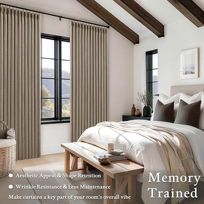 Dark Flax 80 Inch Pinch Pleated Blackout Linen Curtains for Bedroom | Memory Trained, 100% Black Out, Soundproof, Pinch Pleat Window Curtains 2 Layers, for Living Room, Greyish Beige, 2 Panels