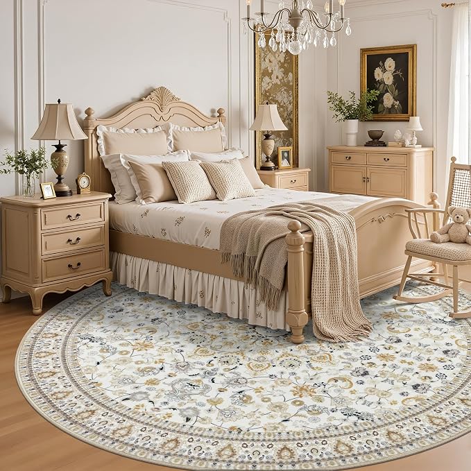 Round Area Rug for Living Room: 4ft Washable Rug for Bedroom Beige | Vintage Boho Soft Round Rug Indoor Floor No Slip Carpet Stain Resistant Rugs for Bedroom Dining Room Nursery Home Office