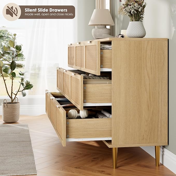 GarveeHome Rattan 9 Drawer Dressers for Bedroom, Deep Drawer, Natural | Tall Dresser, Wide Top, for Living Room, Hallway, Kids Room, Large Chest of Drawers for Closet, Long Wooden Dresser