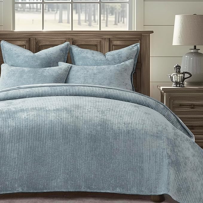 Striped Channel Velvet Quilt Set, King Size, Blue Linen | Luxurious Soft Lightweight Velvet Comforter, Oversized Bedspread Coverlet, Quilted Bedding Set for All Season, with 2 Shams