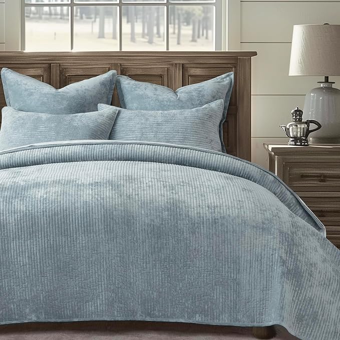 EverGrace Striped Channel Velvet Quilt Set, Queen Size, Blue Linen | Luxurious Soft Lightweight Velvet Comforter, Oversized Bedspread Coverlet, Quilted Bedding Set for All Season, with 2 Shams
